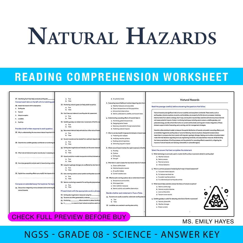 Grade 8 Science worksheet worksheet — 8th Grade Science | Natural Hazards Worksheet (PDF + Answer Key) — page 1