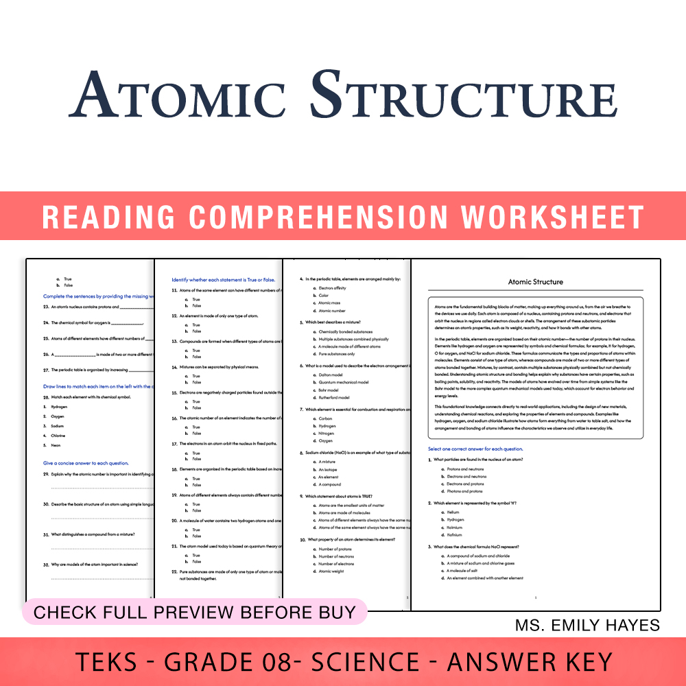 Grade 8 Science worksheet worksheet — Grade 8 Science | Atomic Structure Worksheet (PDF+ Answer Key) — page 1