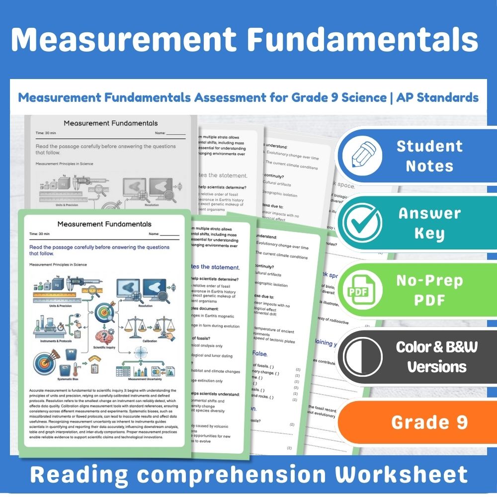 Grade 9 Science assessment worksheet — Measurement Fundamentals Assessment for Grade 9 Science | AP Standards — page 1