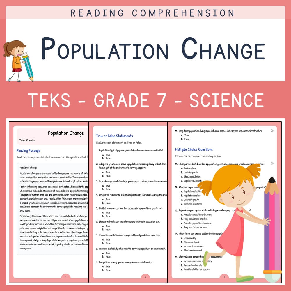 Grade 7 Science worksheet elena worksheet — Grade 7 Science | Population Change Worksheet | TEKS-Aligned — page 1