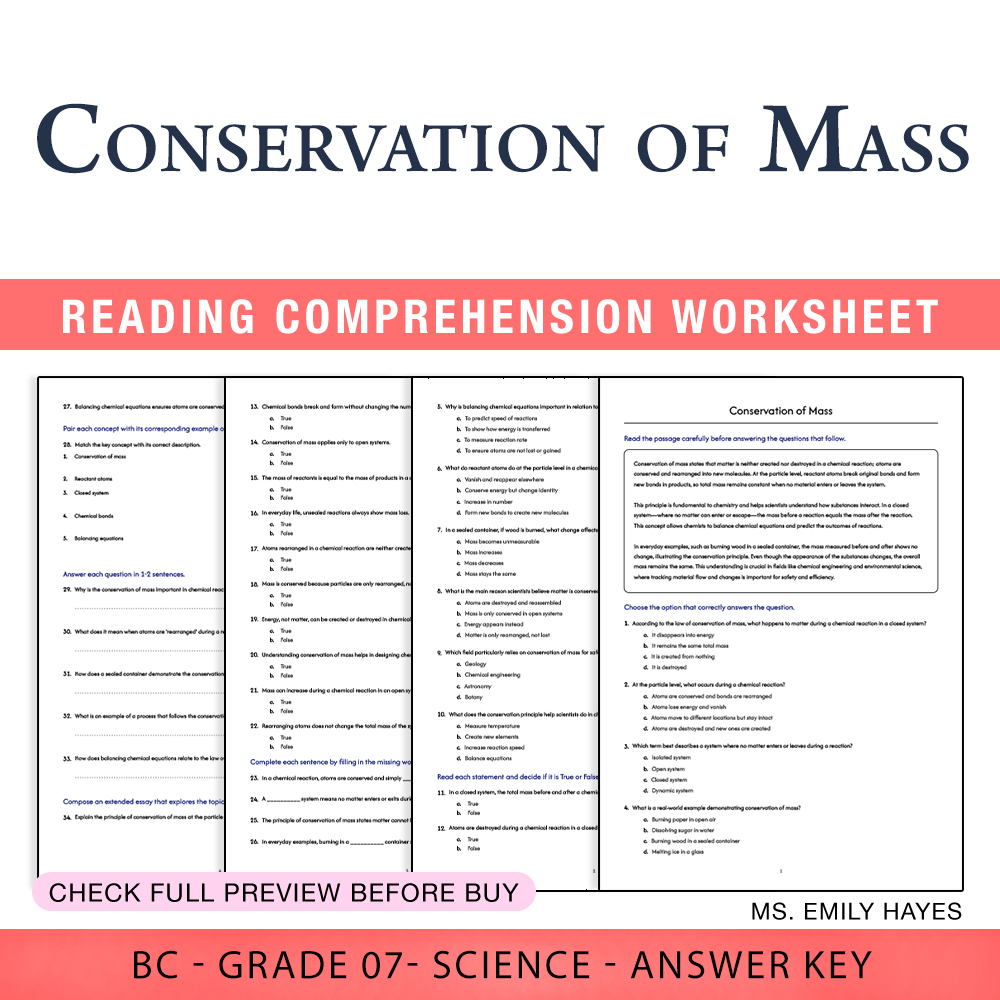 Grade 7 Science worksheet worksheet — 7th Grade Science | Conservation of Mass Worksheet (PDF+ Answer Key) — page 1