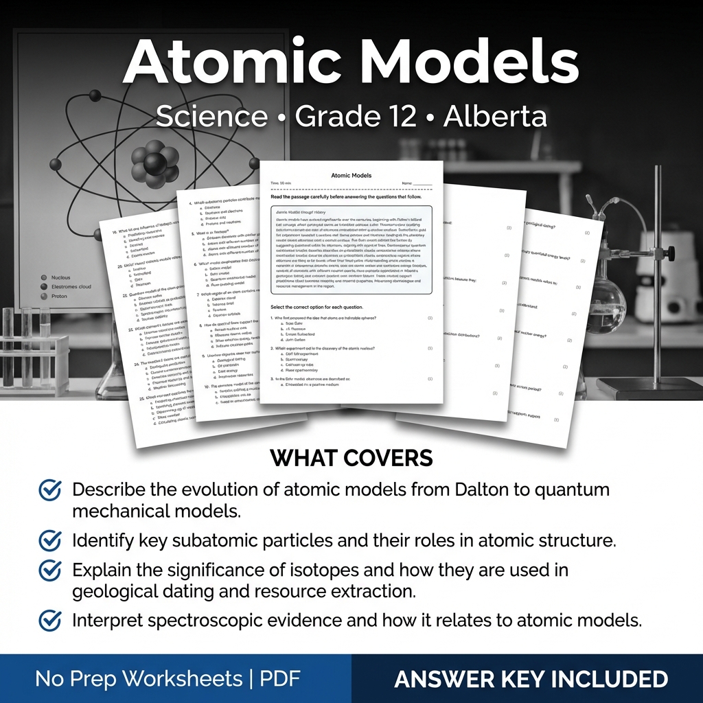 Grade 12 Science Worksheet on Atomic Models | Alberta Standards