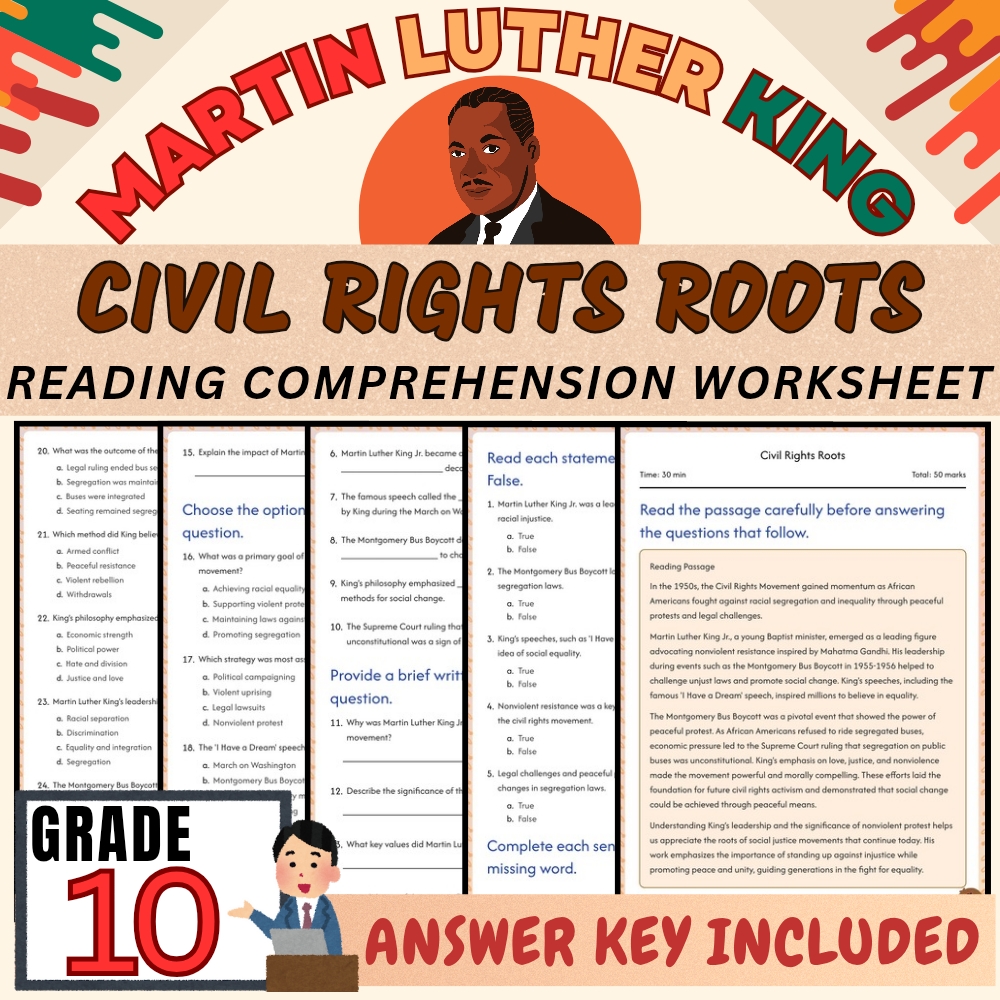Grade 10 | Civil Rights Roots Worksheet for Martin Luther King |PDF + Answer Key
