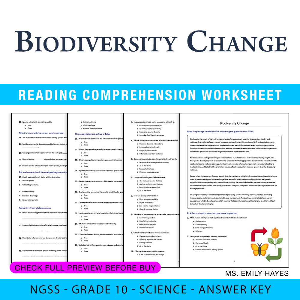 Grade 10 Science worksheet worksheet — Grade 10 Science | Biodiversity Change Worksheet (PDF + Answer Key) — page 1