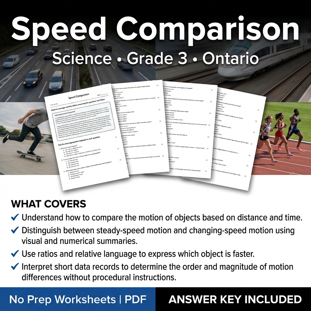 Speed Comparison Worksheet | Ontario Grade 3 Science Practice PDF