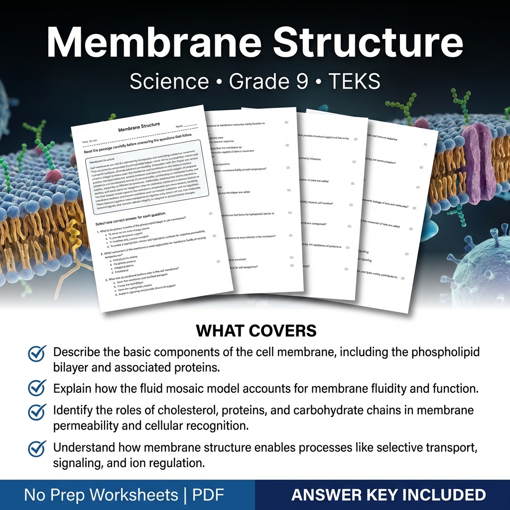 Membrane Structure Grade 9 Science Worksheet with Answer Key | TEKS