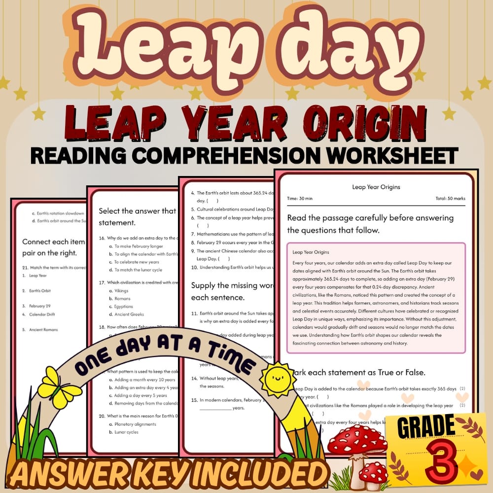 Grade 3 | Leap day Worksheet for Mastering Leap Year Origins | PDF + Answer Key