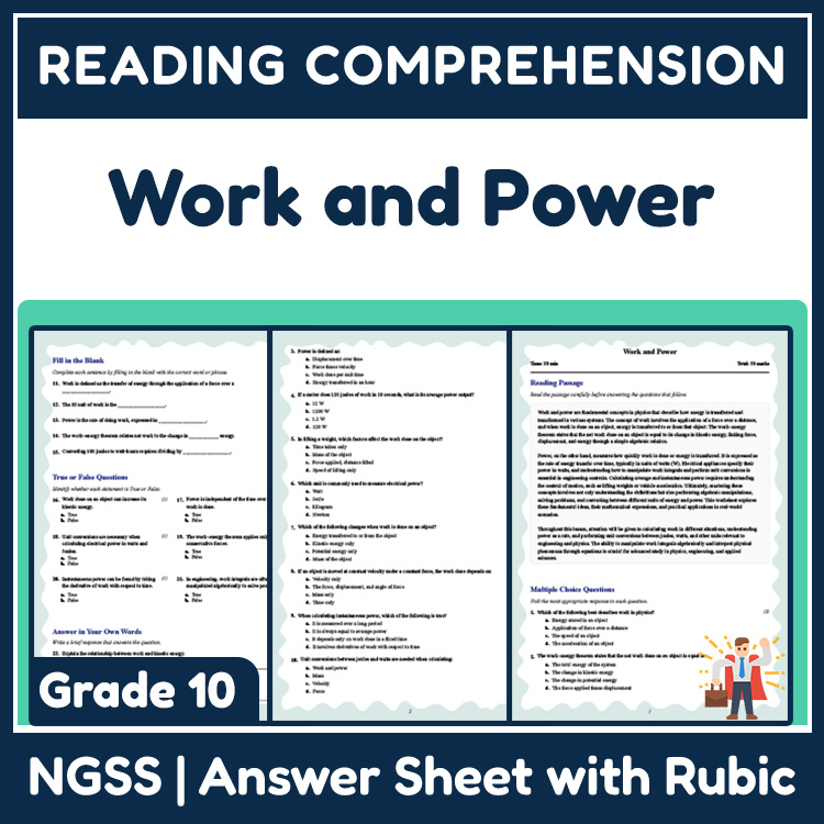 Grade 10 Science reading worksheets worksheet — 10th Grade Science Reading Worksheet | Work and Power – NGSS Formatted (PD…