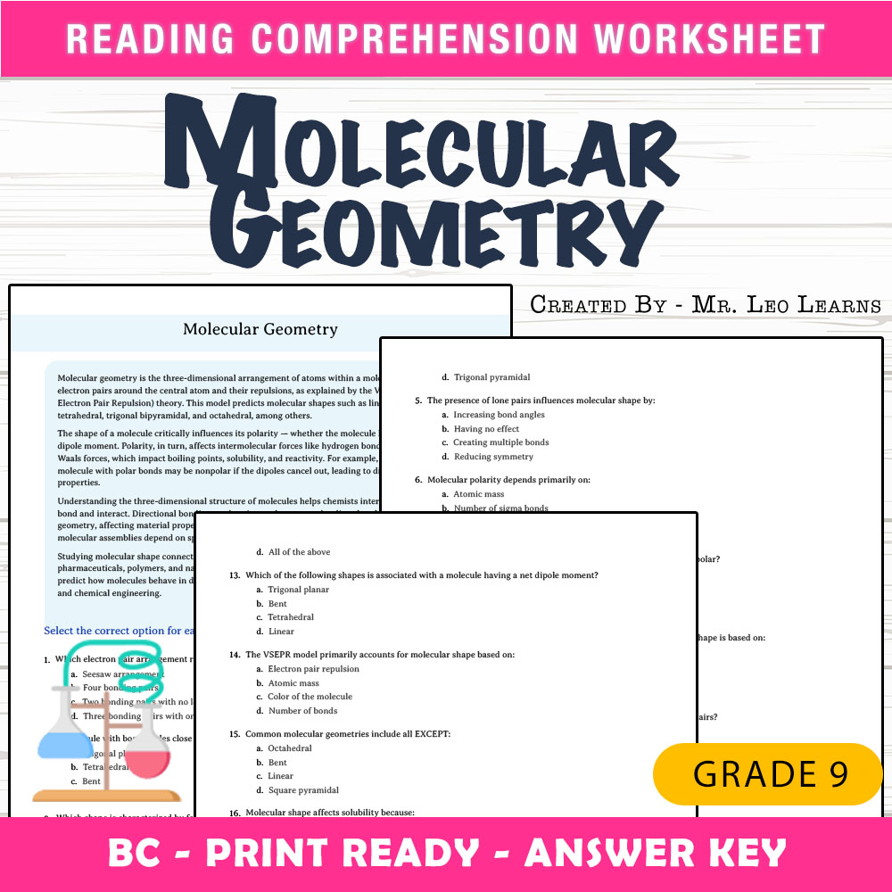 Grade 9 Science worksheet mcq paper worksheet — Grade 9 Science — Worksheet MCQ Paper for Mastering Molecular Geometry — p…