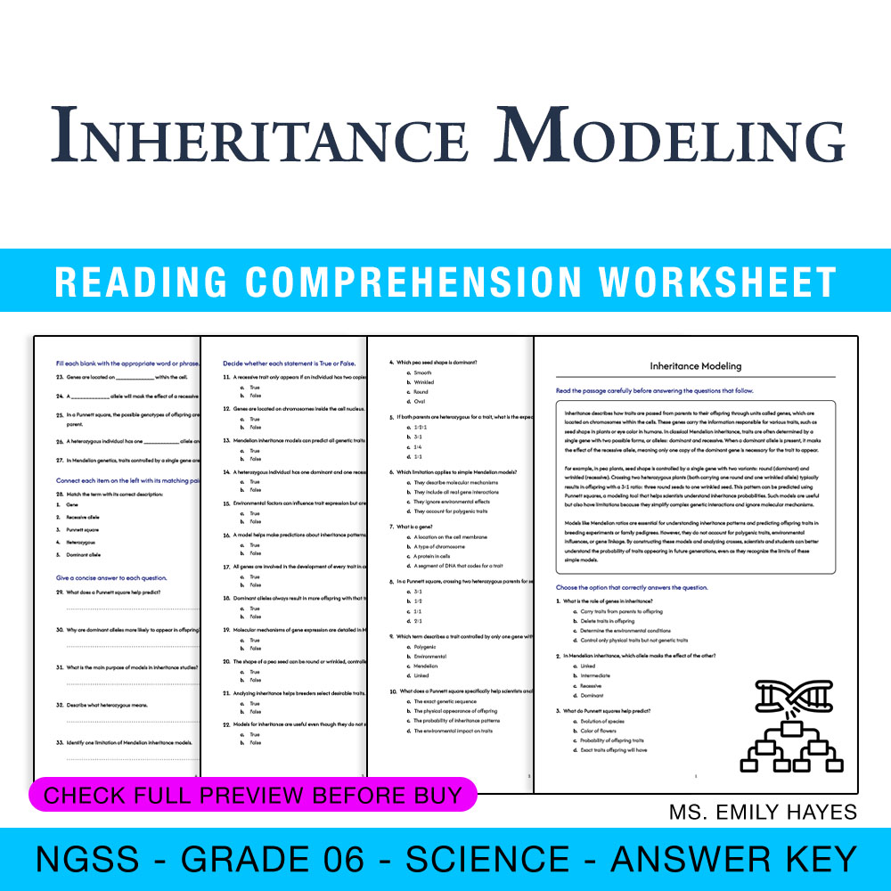 Grade 6 Science worksheet worksheet — 6th Grade Science | Inheritance Modeling Worksheet (PDF + Answer Key) — page 1