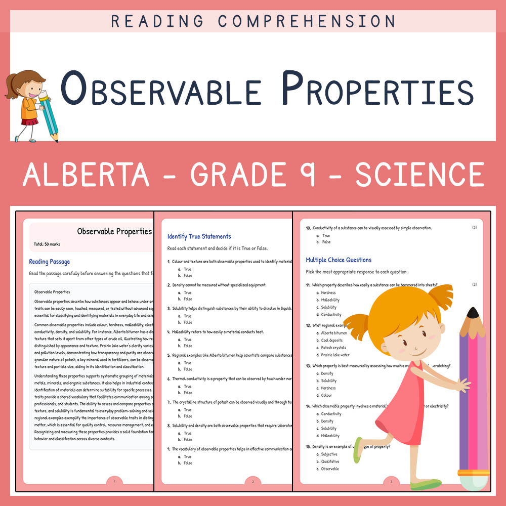 Grade 9 Science worksheet elena worksheet — Grade 9 Science | Observable Properties Worksheet | Alberta Standards — page 1