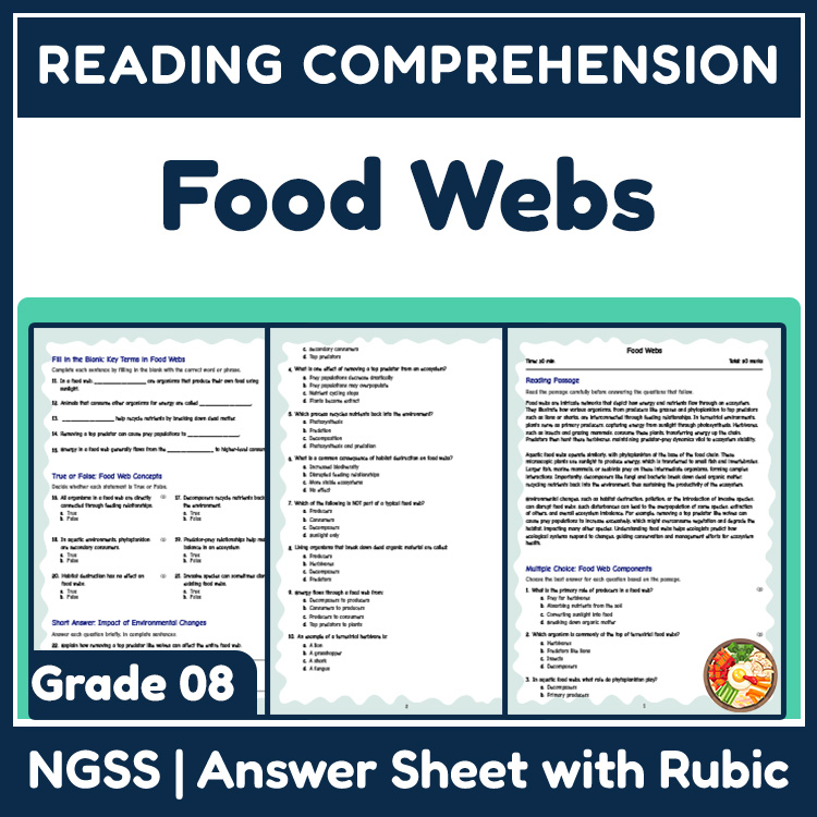 Grade 8 Science reading worksheets worksheet — Grade 8 Science | Food Webs Reading Worksheet Engaging Practice & Answer Ke…