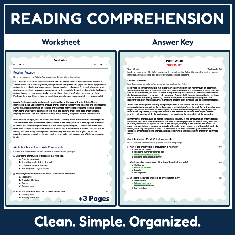 Grade 8 Science reading worksheets worksheet — Grade 8 Science | Food Webs Reading Worksheet Engaging Practice & Answer Ke…