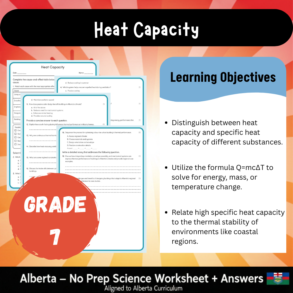 Grade 7 Science – Heat Capacity Worksheet (PDF) | Alberta Standards