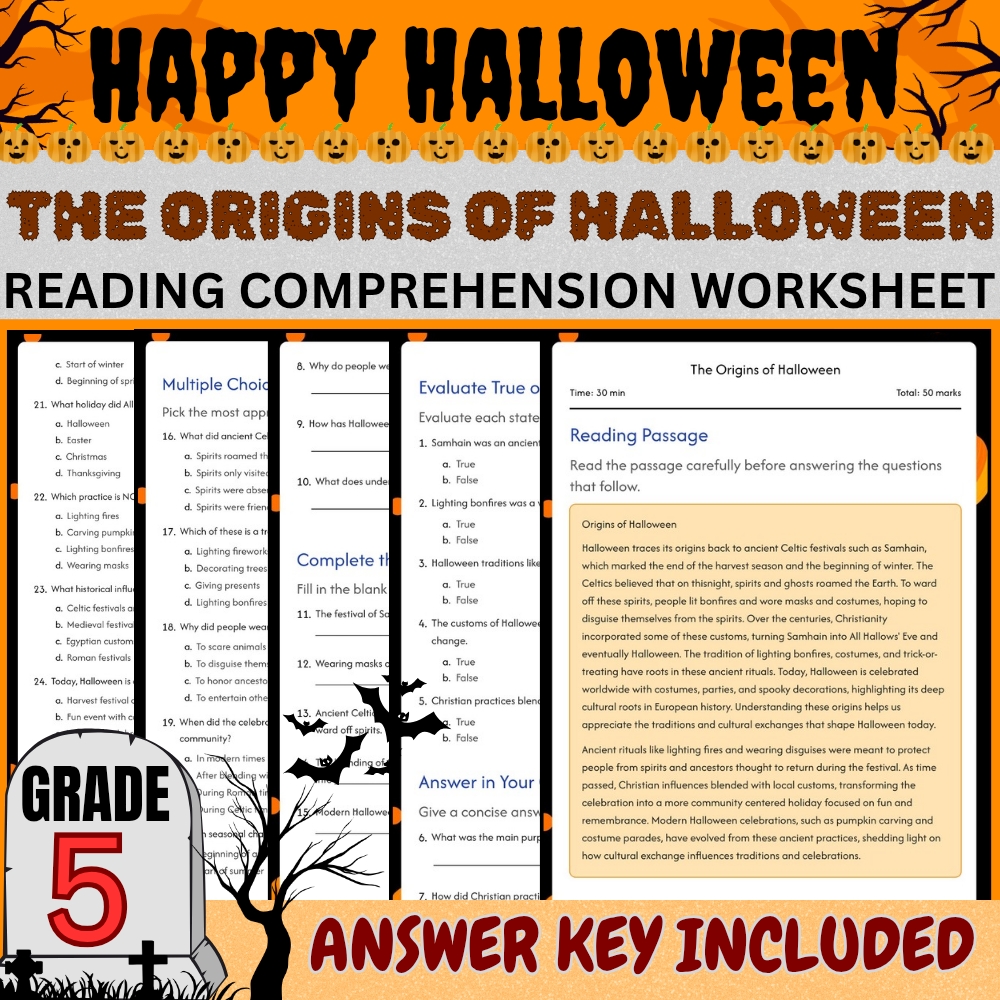 Grade 5 Seasonal halloween day worksheet — Grade 5 |Halloween Day Worksheet for The Origins of Halloween | PDF + Answer Ke…