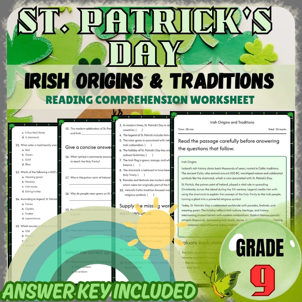 Grade 9 Worksheets Bundle | St. Patrick's Day Cultural & Folklore Activities — included worksheet 3