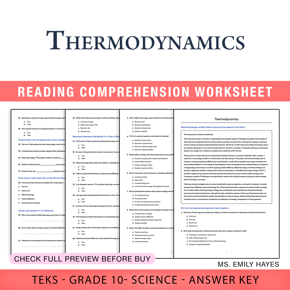 Grade 10 Science worksheet worksheet — 10th Grade Science | Thermodynamics Worksheet (PDF+ Answer Key) — page 1