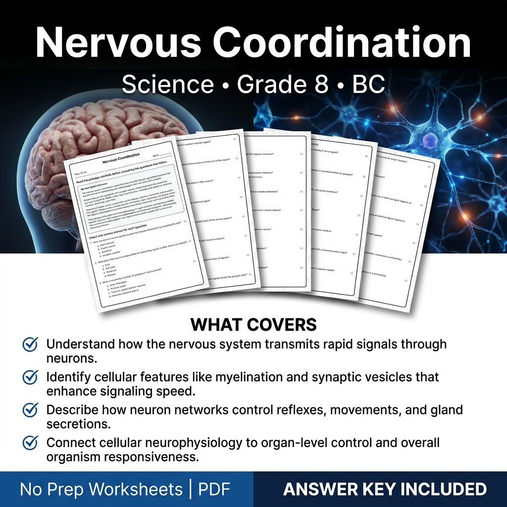 Grade 8 Science | Nervous Coordination Worksheet & Answer Key (Printable PDF)