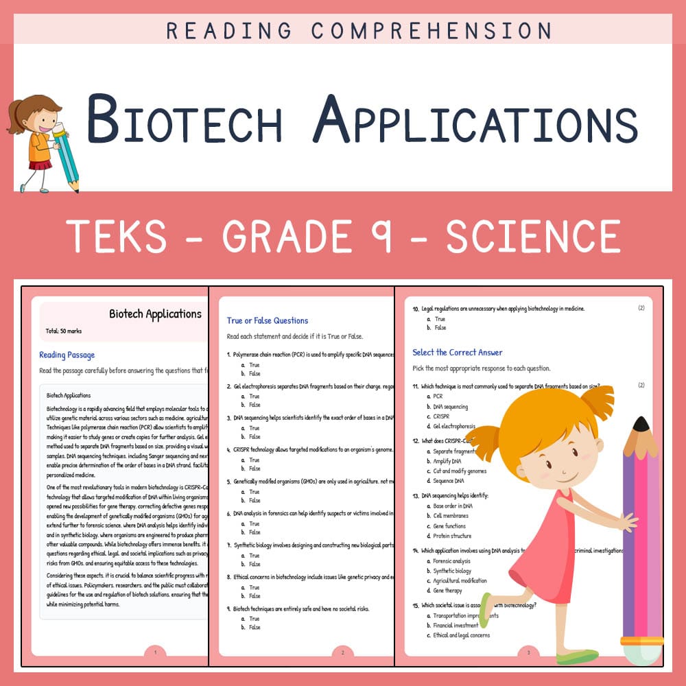 Grade 9 Science worksheet elena worksheet — Grade 9 Science | Biotech Applications Worksheet | TEKS Aligned — page 1