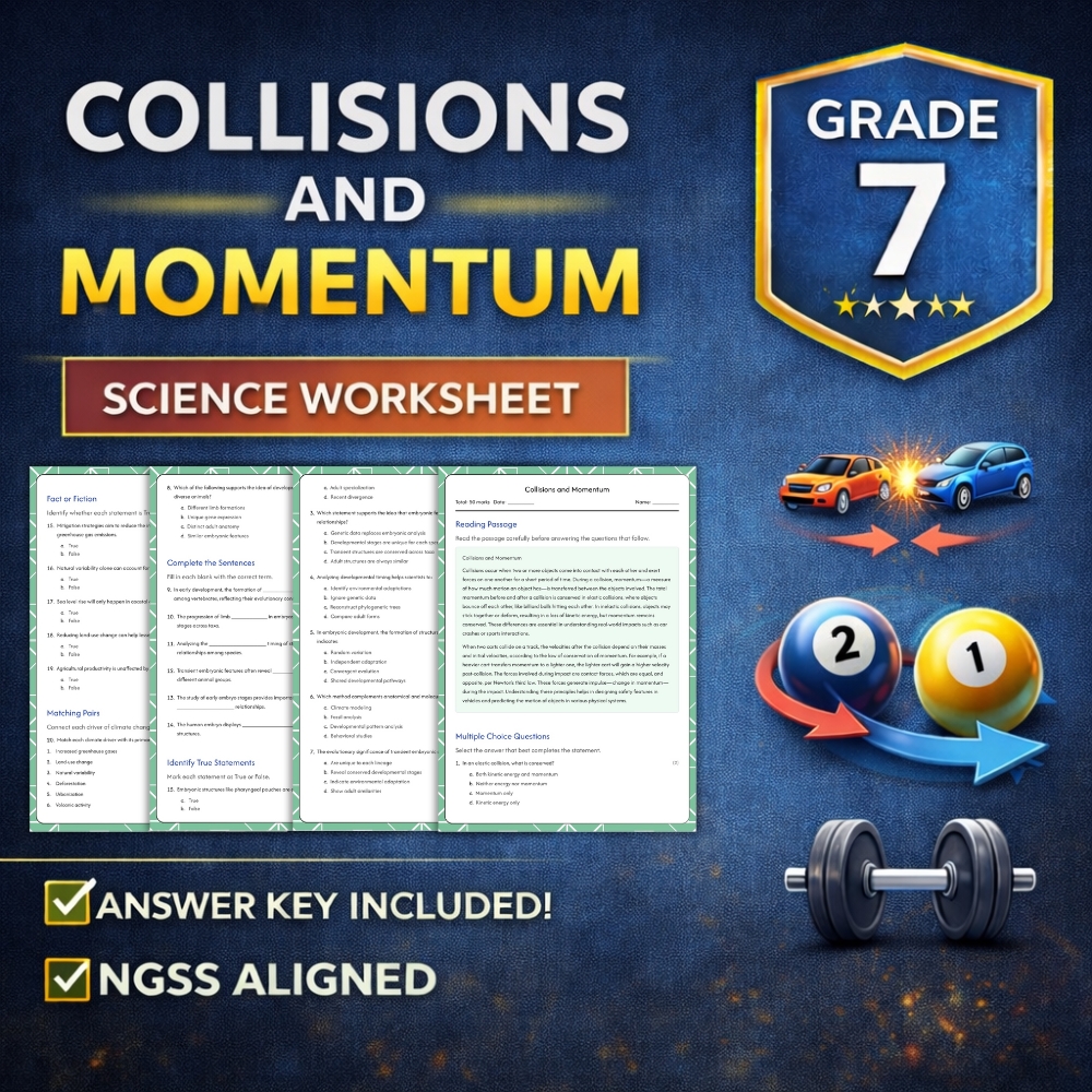 7th Grade Science | Collisions and Momentum Worksheet (NGSS Aligned +Answer Key)