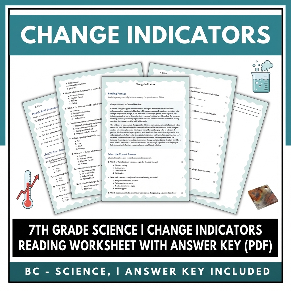 7th Grade Science | Change Indicators Reading Worksheet with Answer Key (PDF)