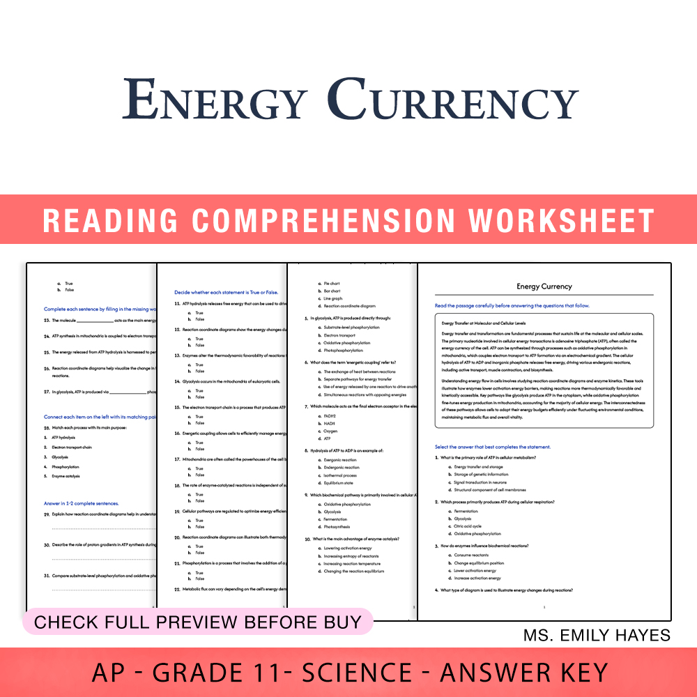 Grade 11 Science worksheet assessment worksheet — 11th Grade Science | Energy Currency Worksheet (PDF+ Answer Key) — page 1
