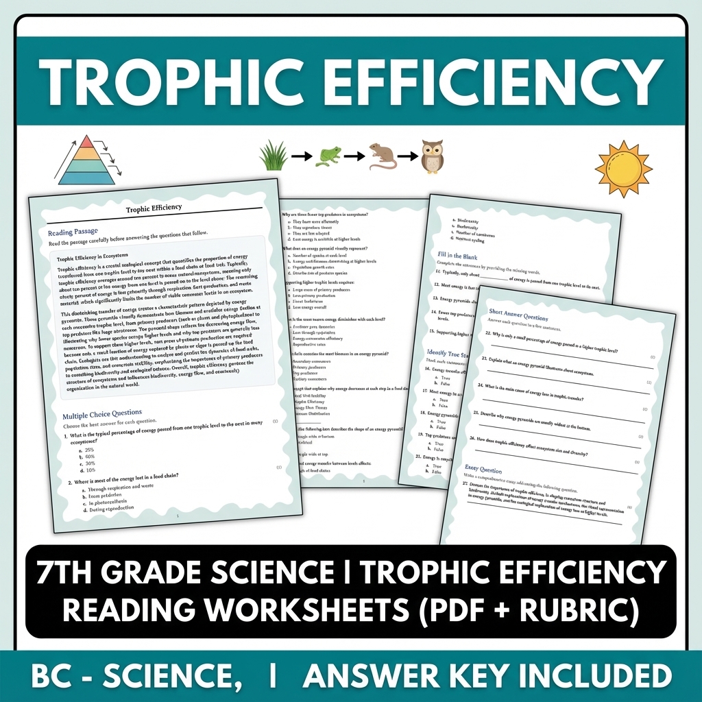 7th Grade Science | Trophic Efficiency Reading Worksheets (PDF + Rubric)