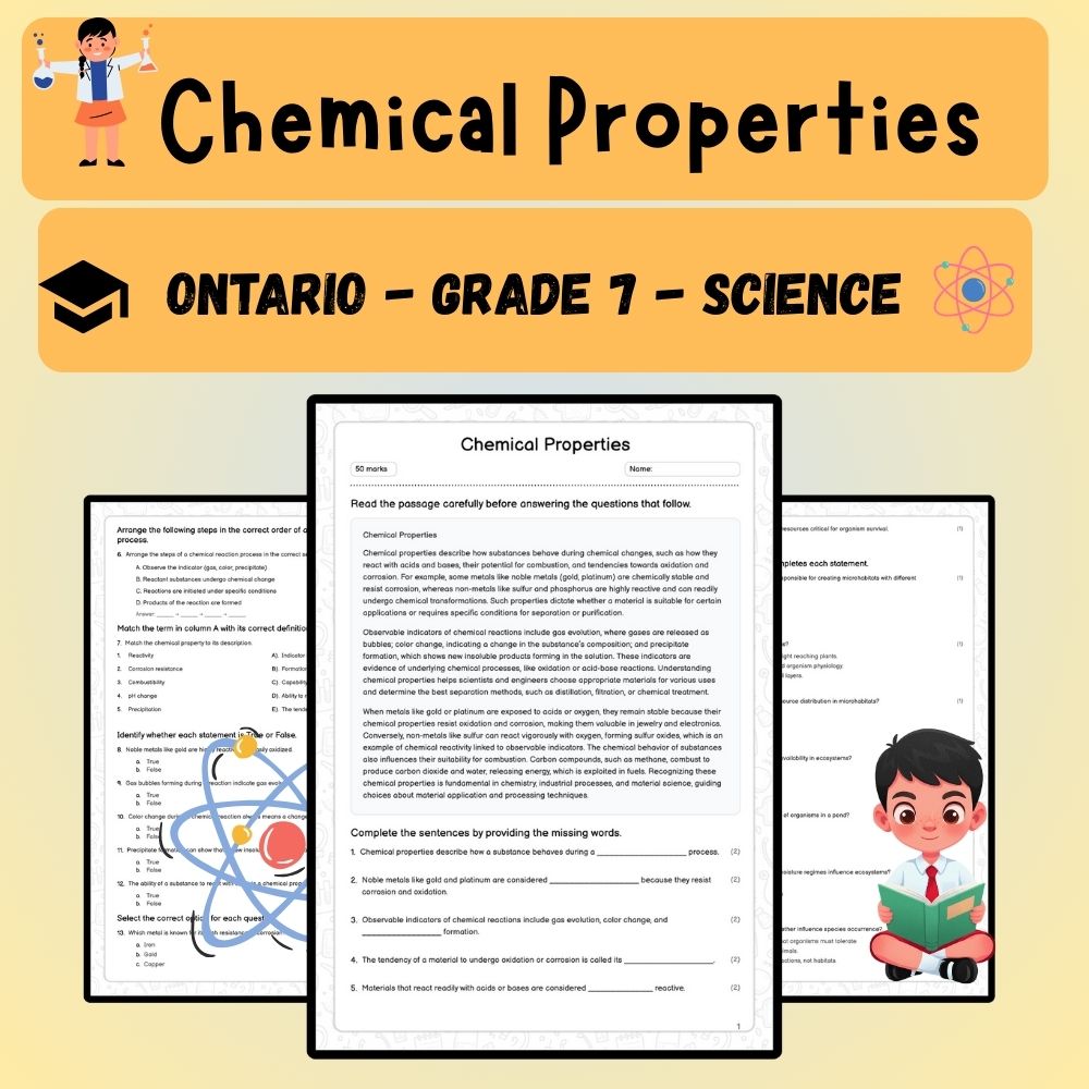 Grade 7 Science worksheet worksheet — Grade 7 Science | Chemical Properties Worksheet (PDF ) – Ontario Standards — page 1