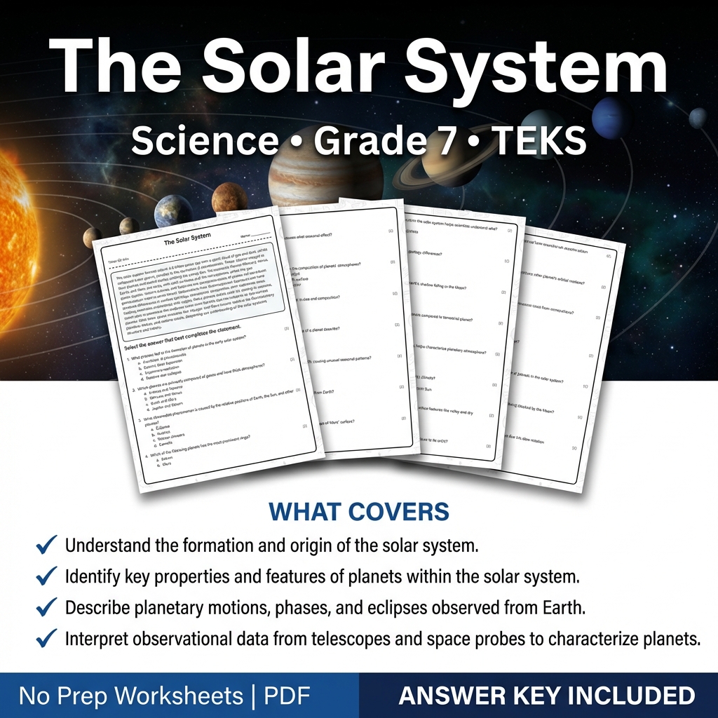 Grade 7 Science worksheet — Grade 7 Science Worksheet on The Solar System | TEKS Aligned