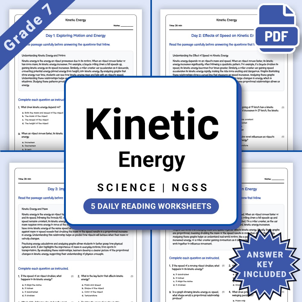 Grade 7 Science daily reading worksheet worksheet — Grade 7 Science – Kinetic Energy Daily Worksheet(PDF + Answer Key) — p…