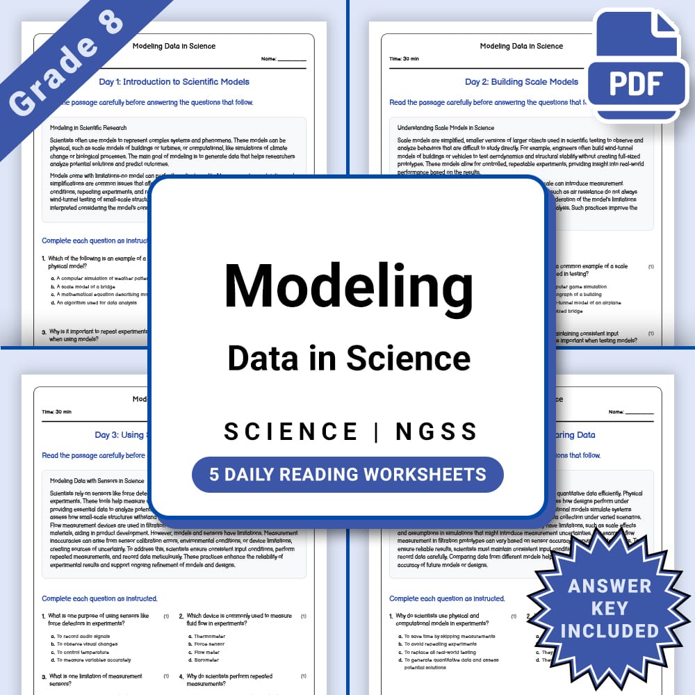 Grade 8 Science daily reading worksheet worksheet — Grade 8 Science – Modeling Data Worksheet(PDF + Answer Key) — page 1