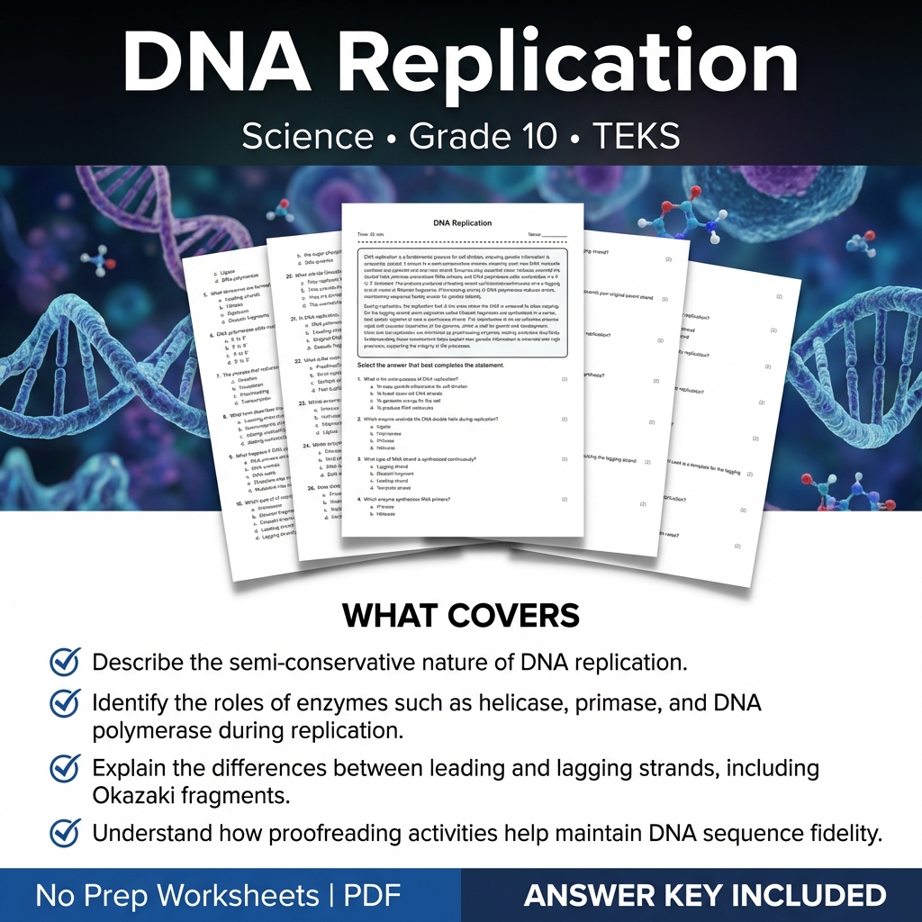DNA Replication Worksheet for Grade 10 Science | TEKS Aligned Practice