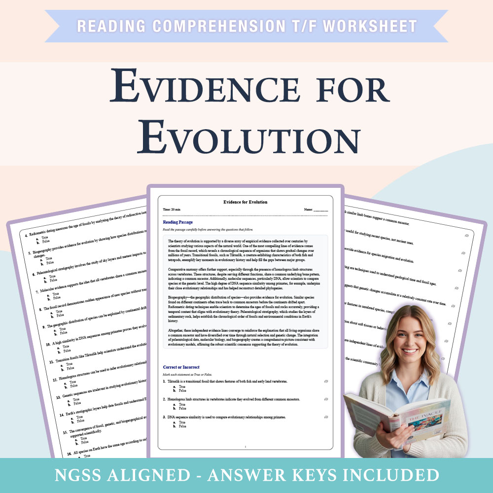 Grade 9 Science reading comprehensions true or false worksheet worksheet — 9th Grade Science | Evidence for Evolution Work…