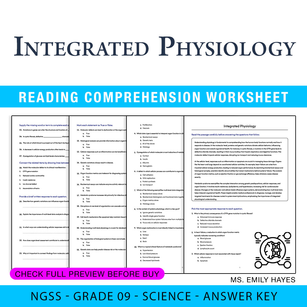 Grade 9 Science worksheet — Grade 9 Science | Integrated Physiology Worksheet (PDF+ Answer Key) — page 1