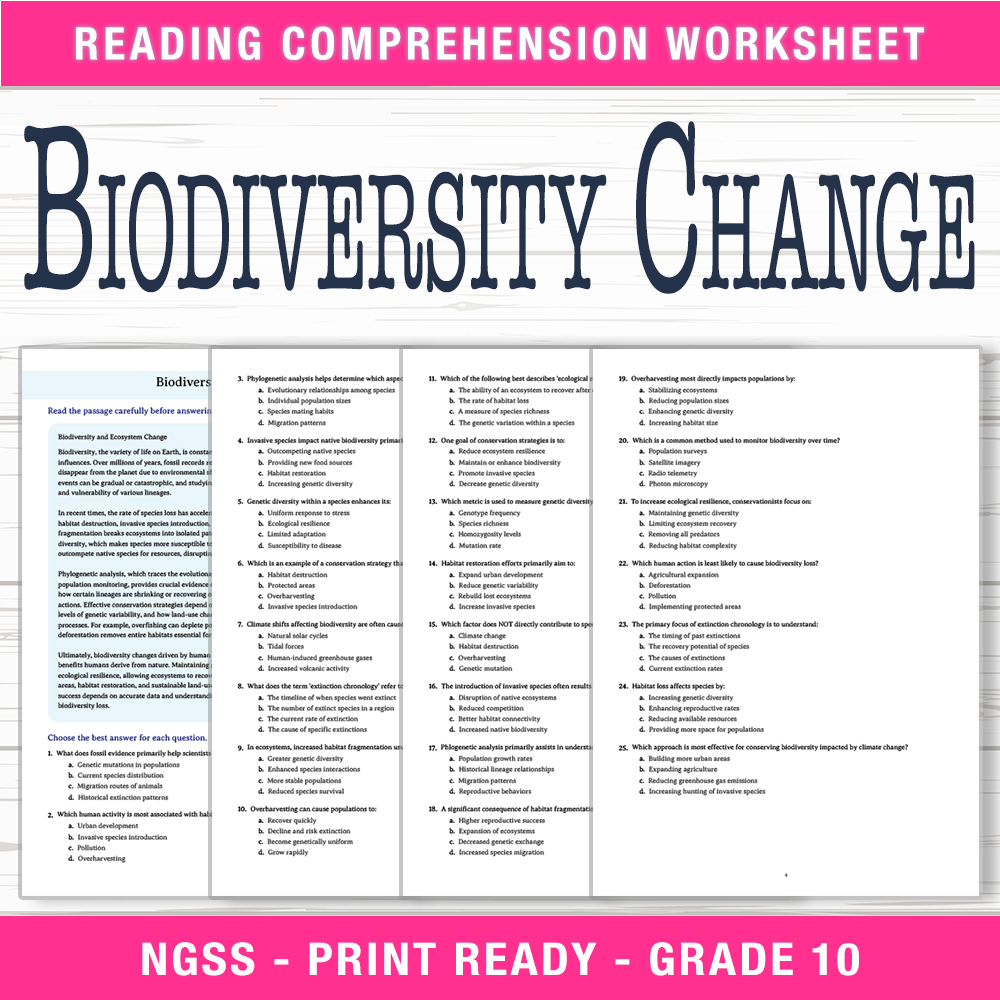 Grade 10 Science worksheet worksheet — Grade 10 Science – Biodiversity Change Worksheet (PDF + Answer Key) — page 1