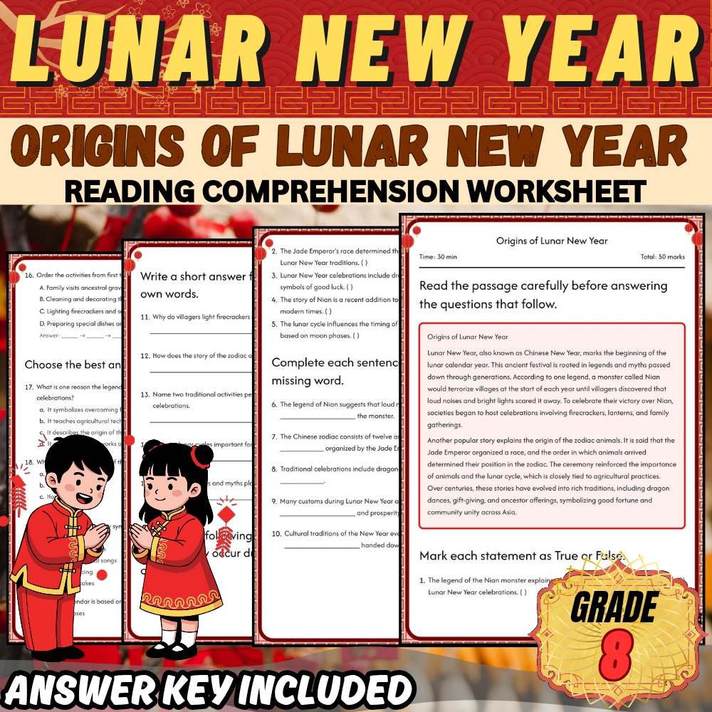 Grade 8 Holiday Unit | Chinese New Year & Lunar New Year Cultural Worksheets — included worksheet 2