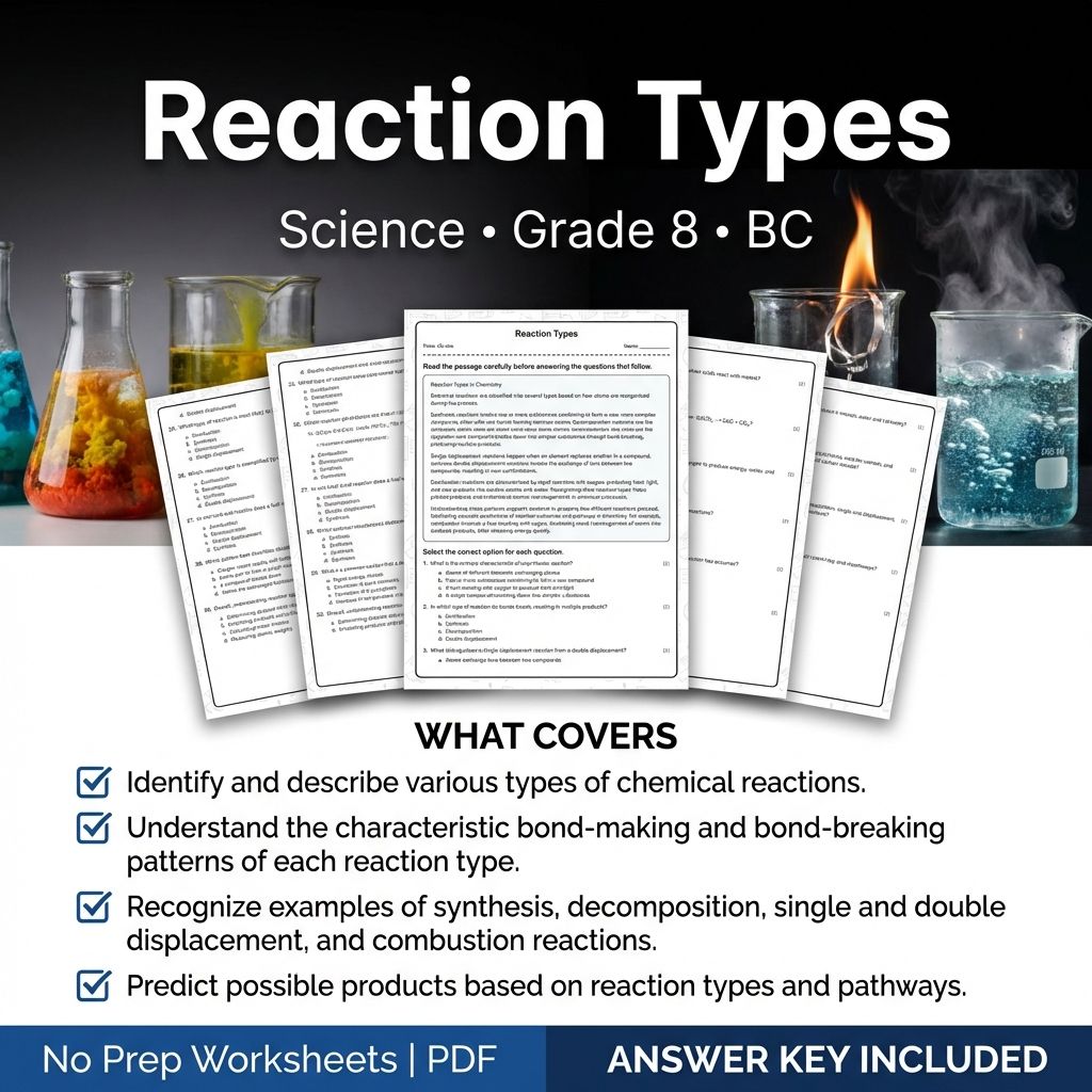 8th Grade Science | Reaction Types Practice Worksheet & Answer Key (PDF)