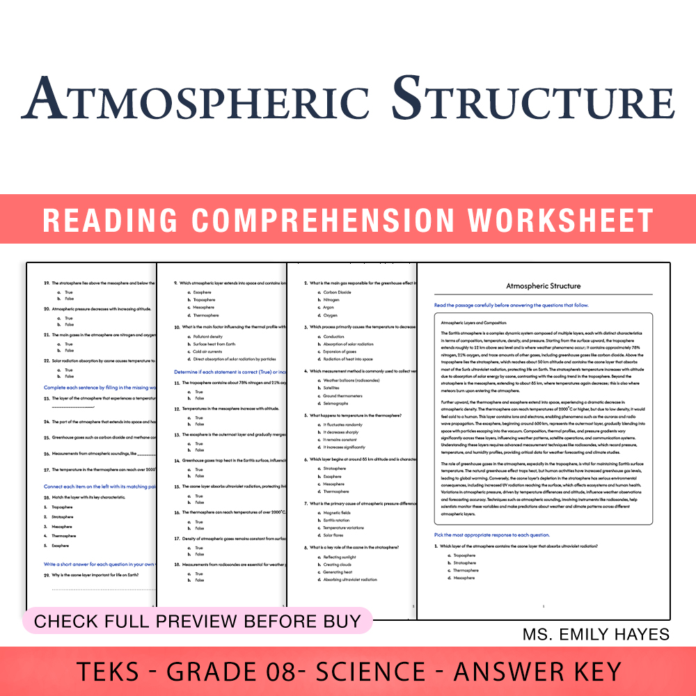 Grade 8 Science worksheet worksheet — 8th Grade Science | Atmospheric Structure Worksheet (PDF+ Answer Key) — page 1