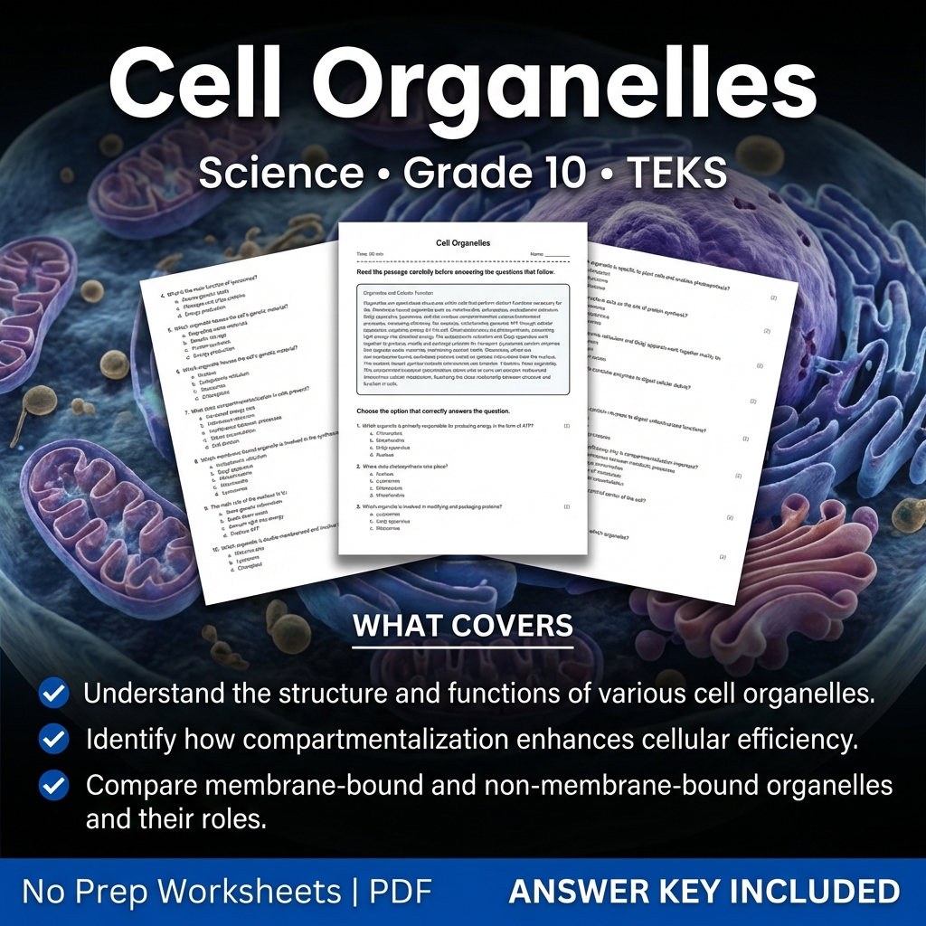Grade 10 Science Worksheet on Cell Organelles | TEKS Standards
