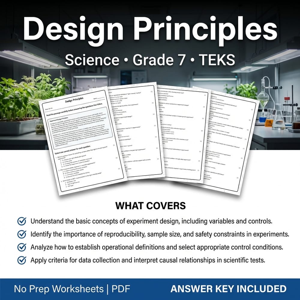Grade 7 Science worksheet — Grade 7 Science Worksheet on Design Principles | TEKS Standards Practice