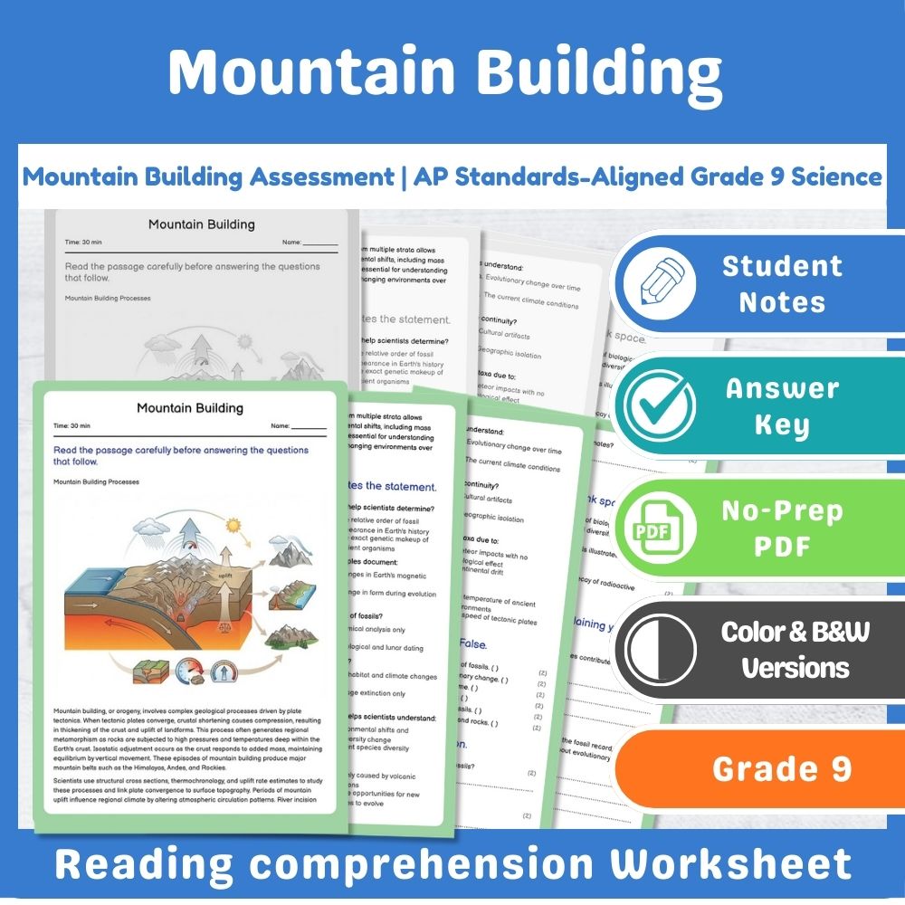 Grade 9 Science assessment worksheet — Mountain Building Assessment | AP Standards-Aligned Grade 9 Science — page 1