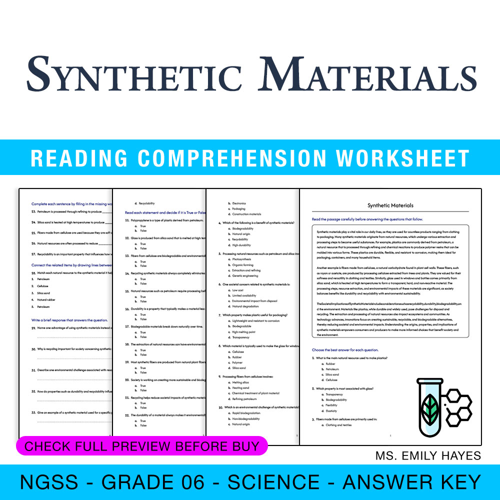 Grade 6 Science worksheet worksheet — 6th Grade Science | Synthetic Materials Worksheet (PDF + Answer Key) — page 1