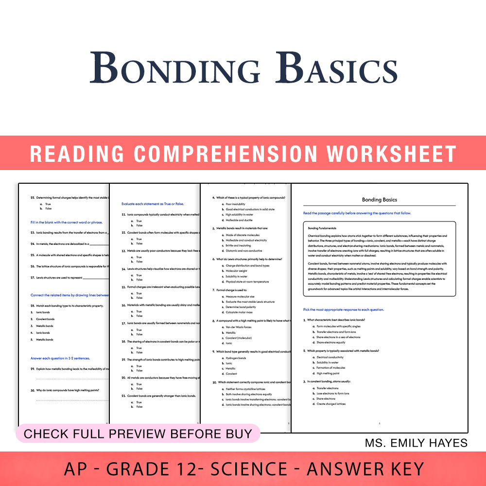 Grade 12 Science worksheet assessment worksheet — 12th Grade Science | Bonding Basics Worksheet (PDF+ Answer Key) — page 1