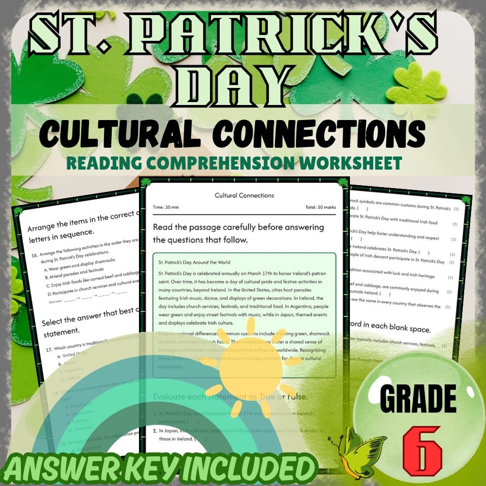 Grade 6 Holiday Worksheets Bundle | St. Patrick's Day Cultural & Traditions — included worksheet 4