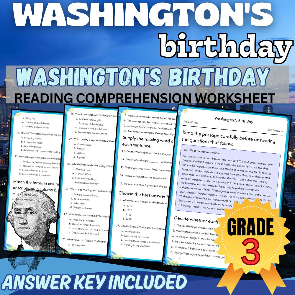 Grade 3 Holiday | Washington's Birthday Worksheet for Mastery | PDF + Answer Key