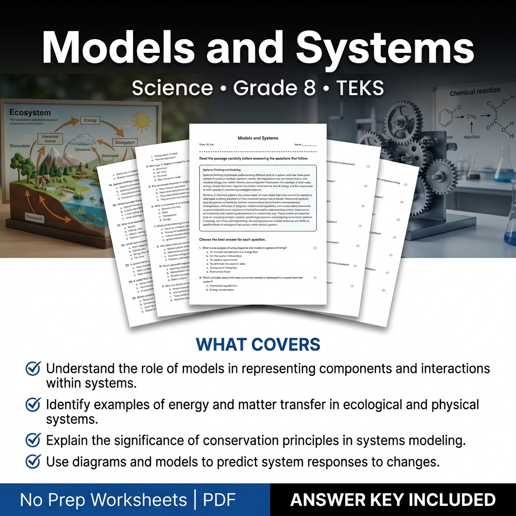 Models and Systems Worksheet for Grade 8 Science TEKS Standards