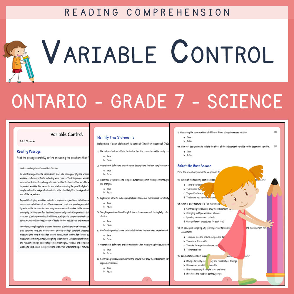 Grade 7 Science worksheet elena worksheet — Grade 7 Science Worksheet | Variable Control | Ontario Standard — page 1