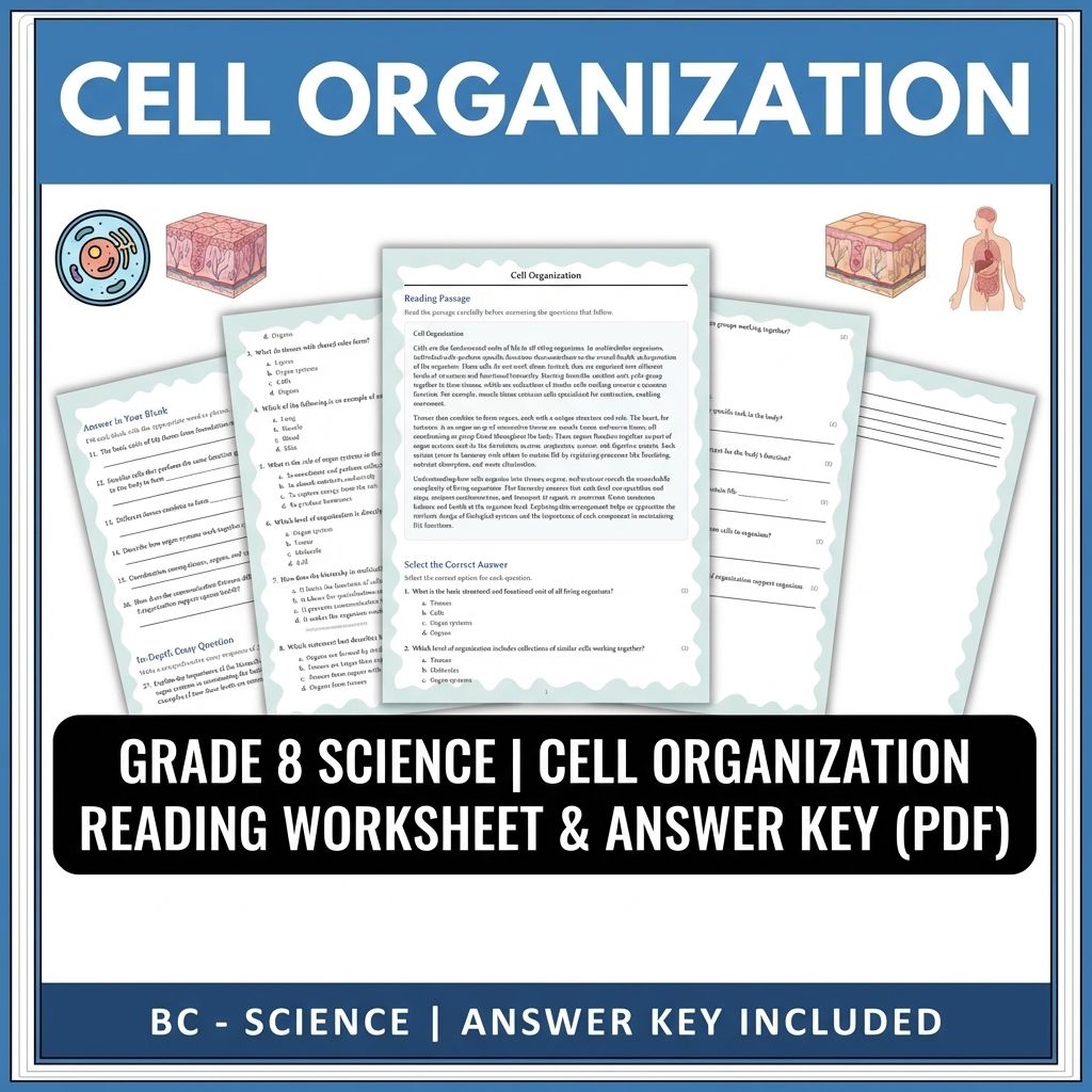 Grade 8 Science reading worksheets — Grade 8 Science | Cell Organization Reading Worksheet & Answer Key (PDF)