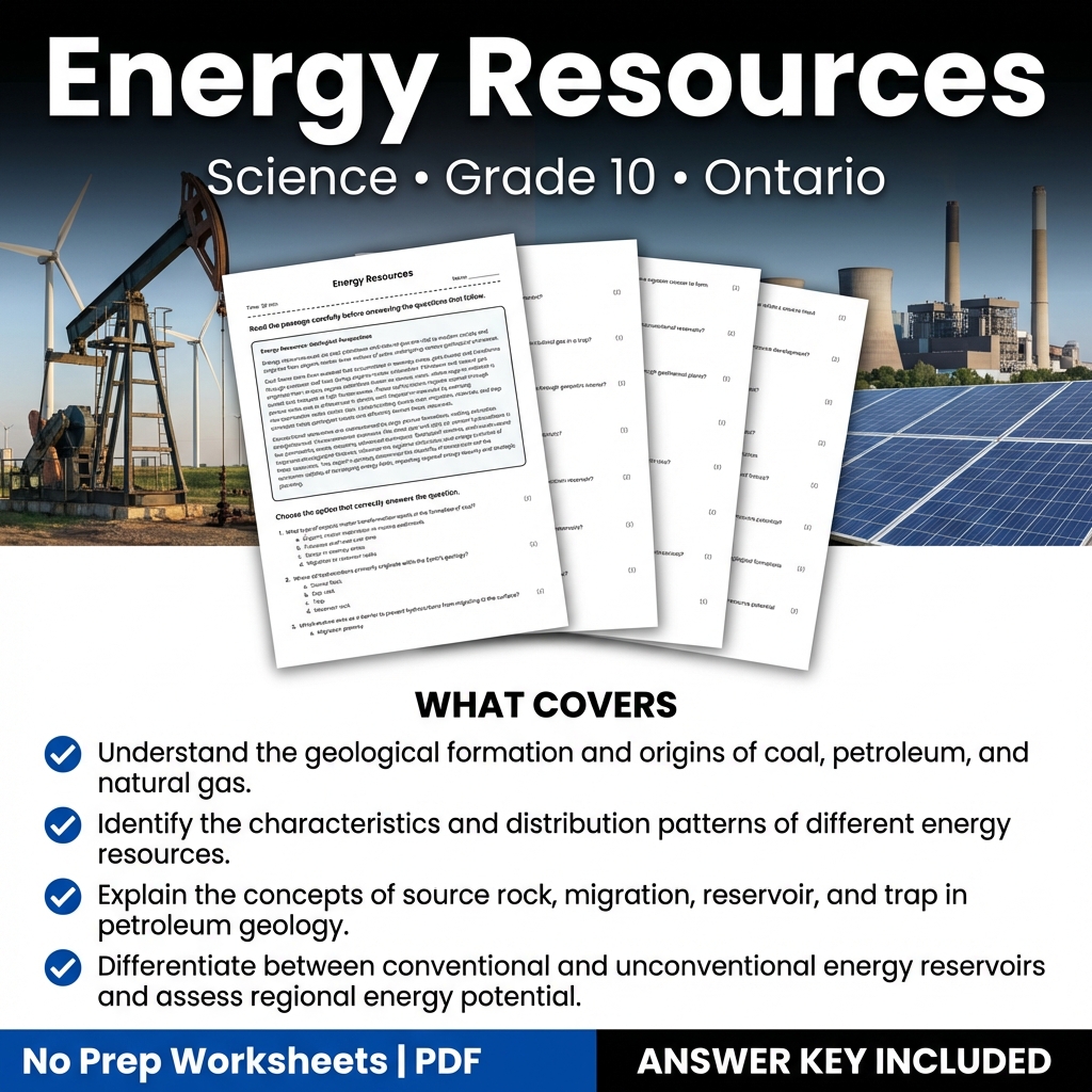 Energy Resources Worksheet for Grade 10 Science | Ontario Standards