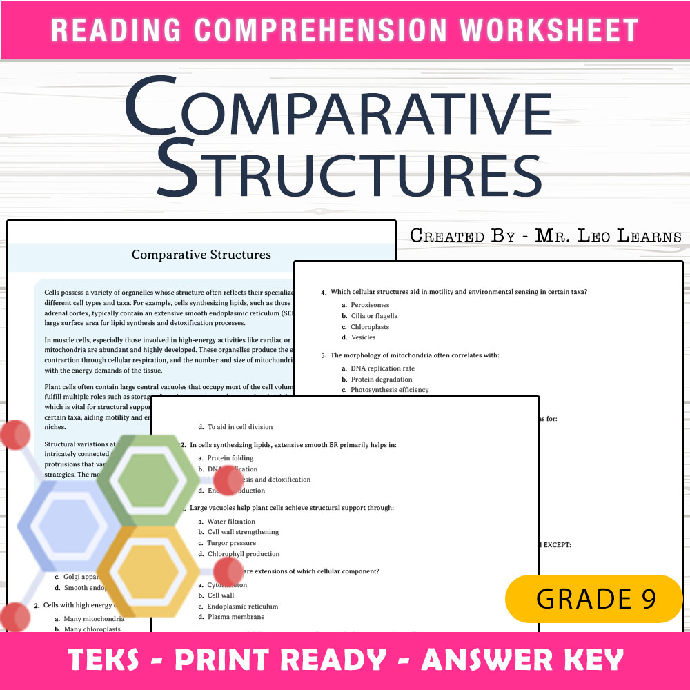 Grade 9 Science worksheet worksheet — Grade 9 Science — Comparative Structures Worksheet for Mastering Cell Organelles — p…